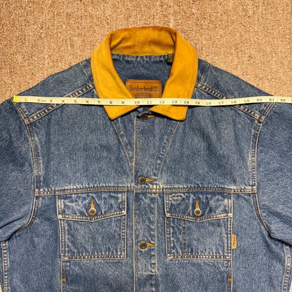 Vintage Timberland Classic Blue Denim Jacket Tam Leather Collar Weathergear Jean - Picture 6 of 13
